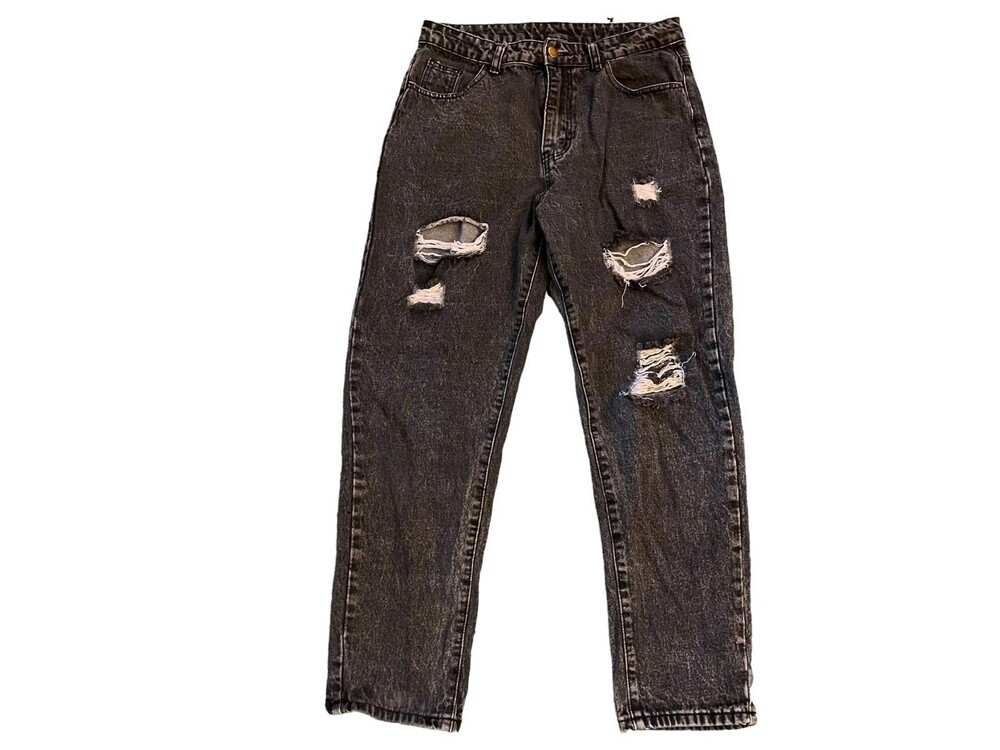 Shein size L 8/10 EU 40 Black Denim Distressed Straight Leg 32" X 28" Mom Jeans - Picture 1 of 4